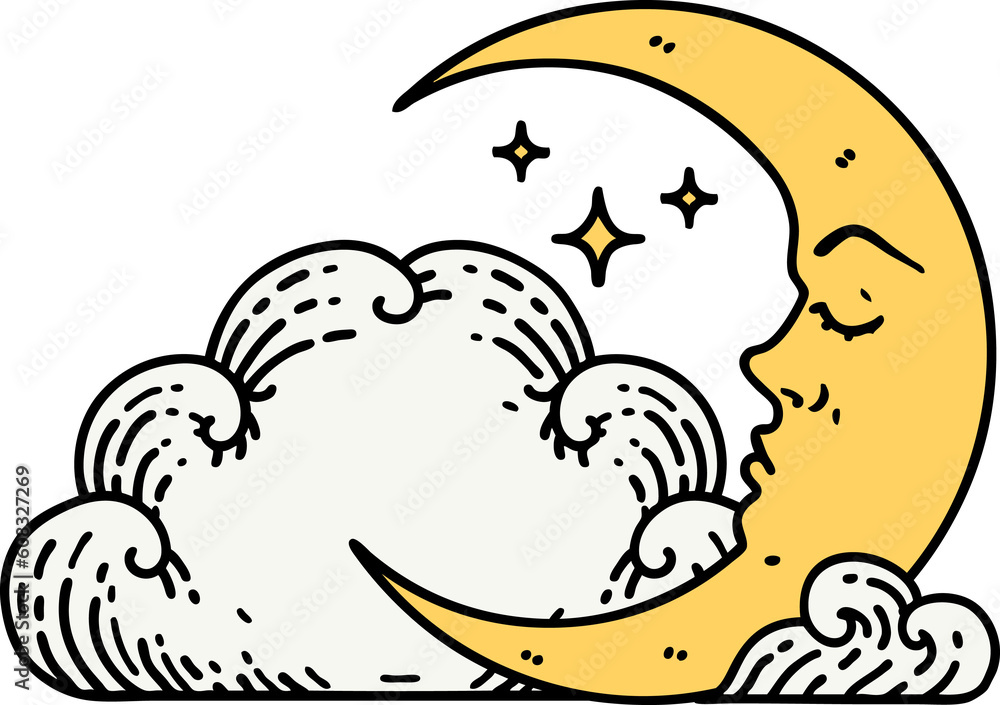 tattoo in traditional style of a crescent moon and clouds tattoo in traditional style of a crescent moon and clouds