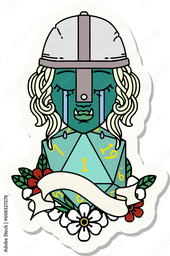 sticker of a crying orc fighter character face with natural one d20 roll sticker of a crying orc fighter character face with natural one d20 roll