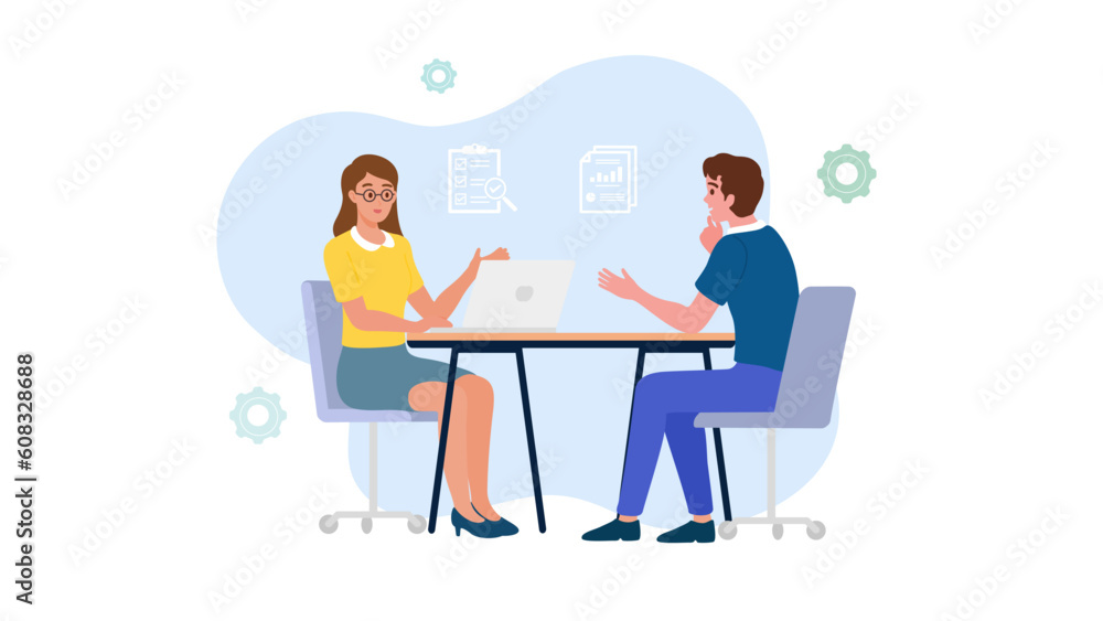 Business people. Concept characters working as a teamwork at office. Business meeting and brainstorming with team for goal planning and target to achieve financial strategy. Flat vector illustration.