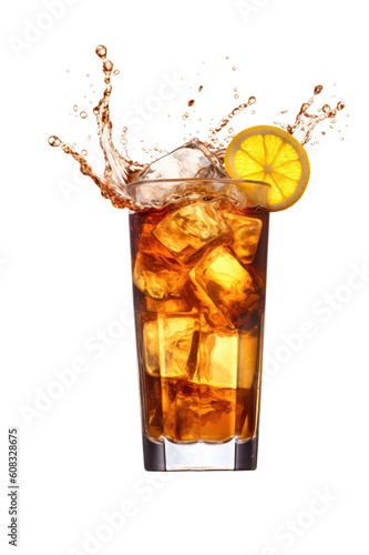 iced tea with lemon splashing in a glass isolated on a transparent background