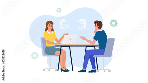 Business people. Concept characters working as a teamwork at office. Business meeting and brainstorming with team for goal planning and target to achieve financial strategy. Flat vector illustration.