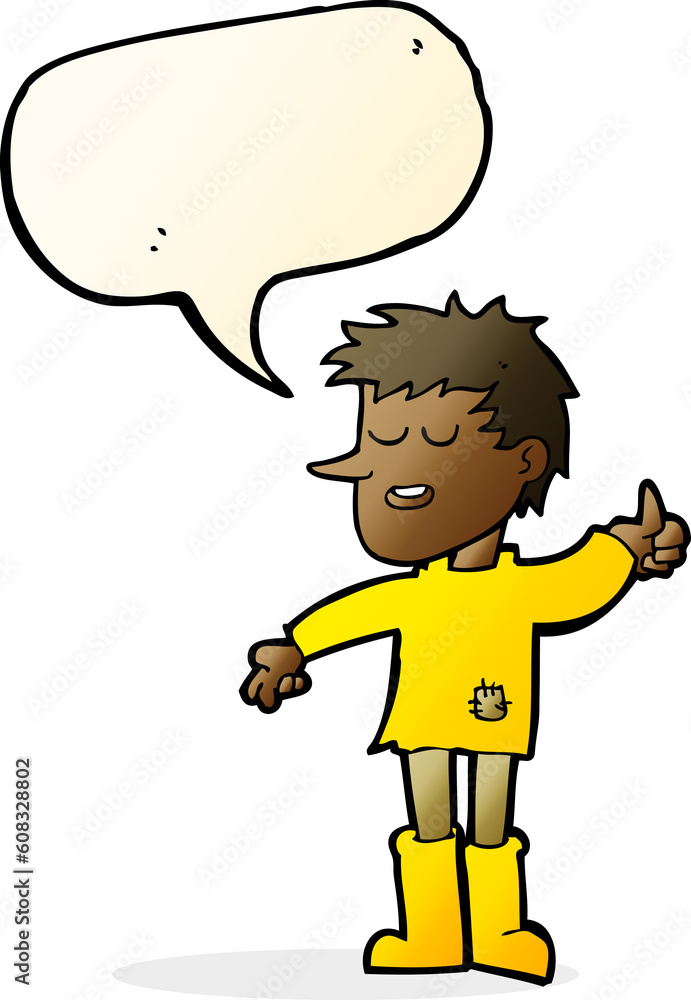 cartoon poor boy with positive attitude with speech bubble