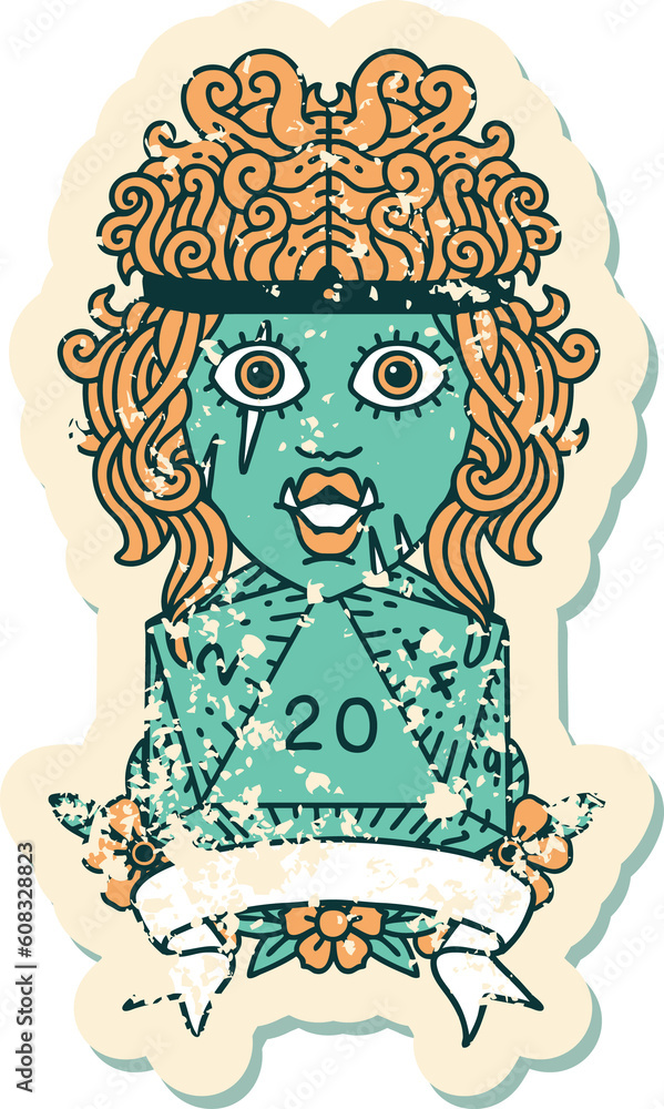 Retro Tattoo Style half orc barbarian character with natural 20 dice roll Retro Tattoo Style half orc barbarian character with natural 20 dice roll