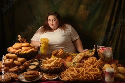 an obese woman eating junk food. Generative AI photo