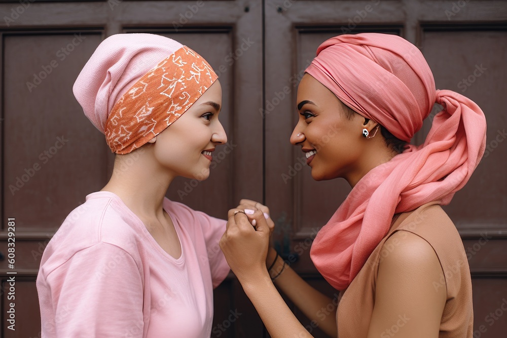 Cheerful multicultural women wearing pink headbands fighting against cancer. Happy cancer survivors. Generative AI Cheerful multicultural women wearing pink headbands fighting against cancer. Happy cancer survivors. Generative AI