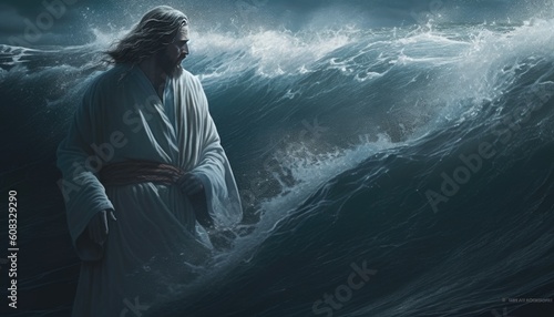Jesus Christ walking on water or sea. Generative Ai