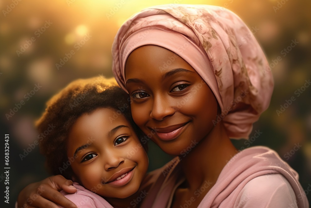 Cheerful cancer survivor girl embracing a friend, pink and amber tones. Generative AI Cheerful cancer survivor girl embracing a friend, pink and amber tones. Generative AI