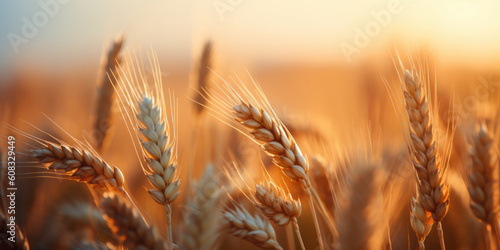 Golden wheat field at sunset. Golden rye background. Grain, growing and harvest. Generative ai illustration
