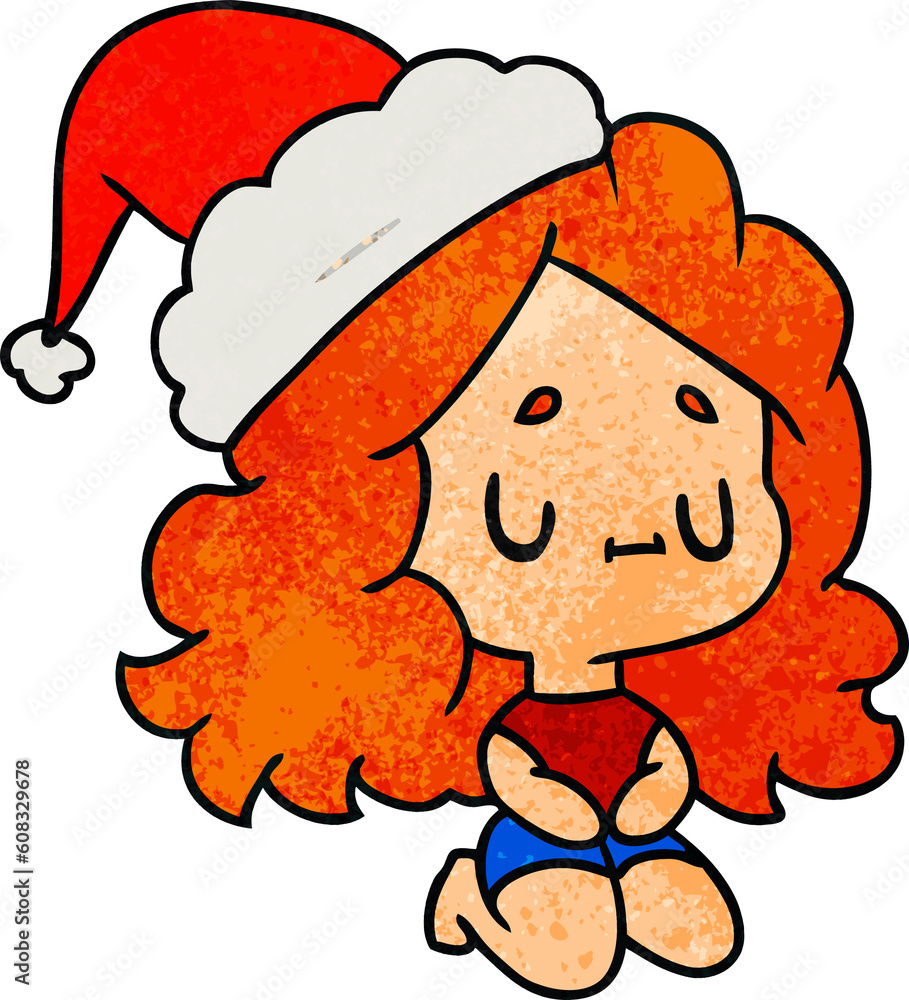 hand drawn christmas textured cartoon of kawaii girl hand drawn christmas textured cartoon of kawaii girl