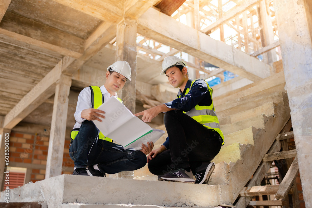 Two Asian male engineers are unfolding blueprints and checking work ...