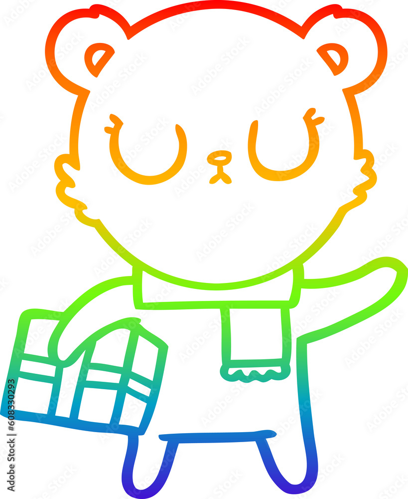rainbow gradient line drawing of a peaceful cartoon polar bear with christmas gift rainbow gradient line drawing of a peaceful cartoon polar bear with christmas gift