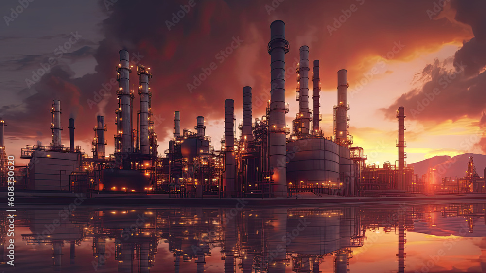 Petrochemical plant industry. Oil refinery industrial zone on sunset. The equipment of oil refining. Created with generative AI technology