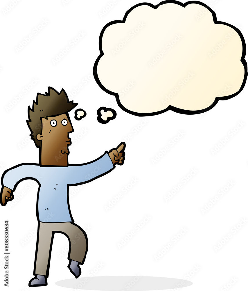 cartoon worried man pointing with thought bubble