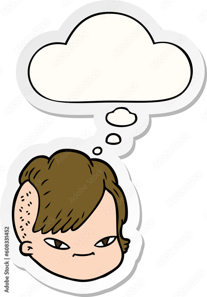 cartoon female face with thought bubble as a printed sticker cartoon female face with thought bubble as a printed sticker
