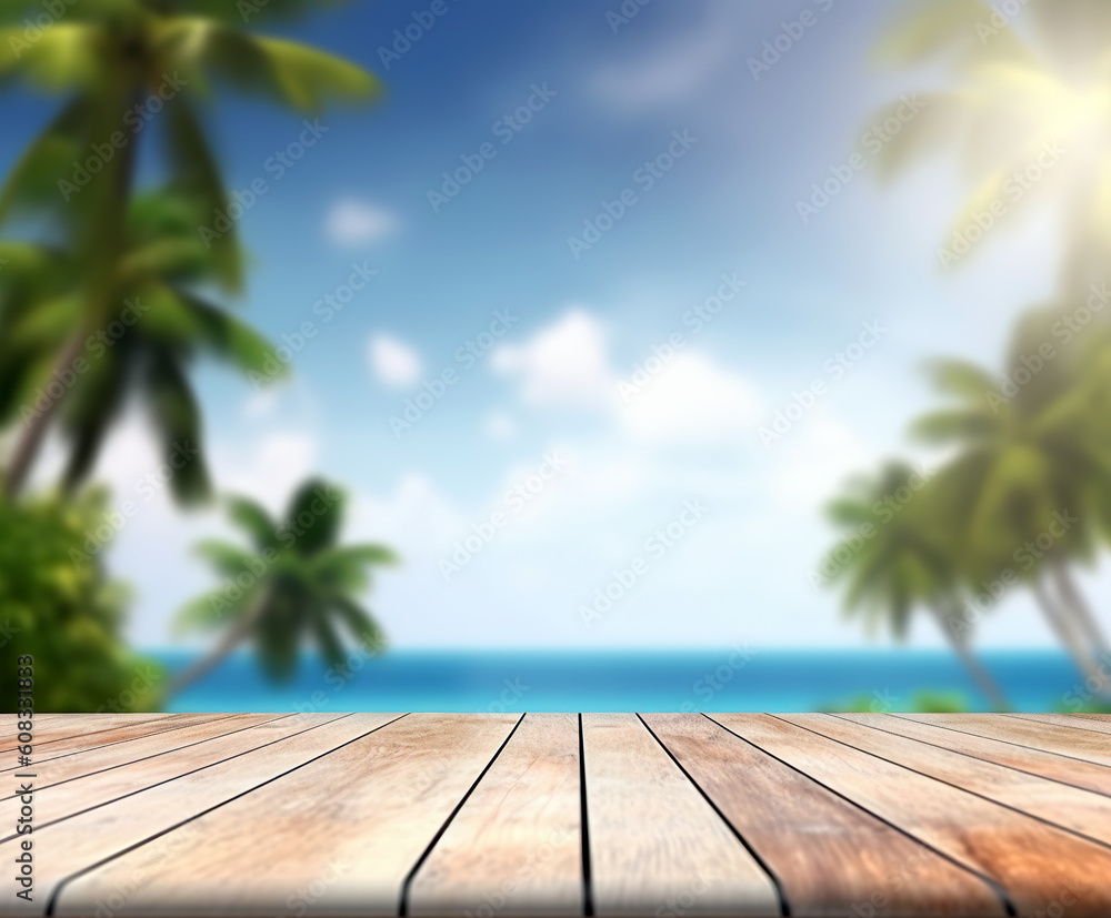 A wooden table looking out to a blurred tropical landscape A wooden table looking out to a blurred tropical landscape