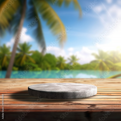 A wooden table looking out to a blurred tropical landscape © digitizesc