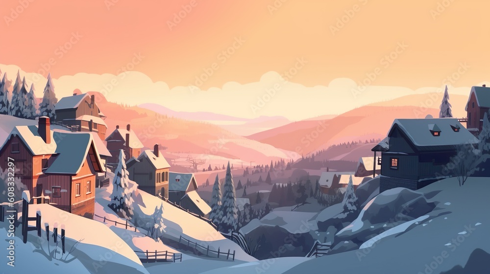 Background snow hill. Capturing the tranquility of a dream hill town with an artful depiction of a captivating banner against a dreamy background. Generative AI.