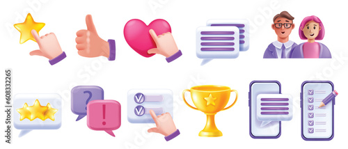 3D customer feedback vector icon set, happy client review sign kit, speech bubble online survey star. Business web rating clipart, communication consumer chat satisfaction like. Customer feedback sign