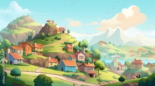 Background village on a hill. An image of a village on a hill with a masterful representation of a striped flag against a picturesque background. Generative AI.