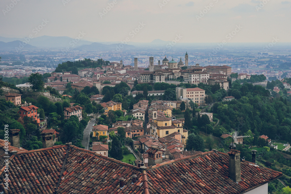 Panoramic view to Bergamo from Torre Castello San Vigilio, Bergamo, Lombardy, Italia