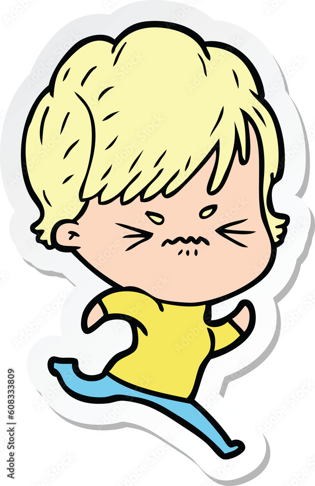 sticker of a cartoon frustrated woman sticker of a cartoon frustrated woman