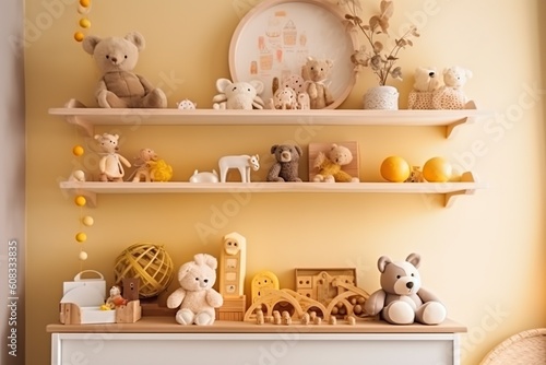 illustration, wooden shelf with baby accessories and toys, ai generative