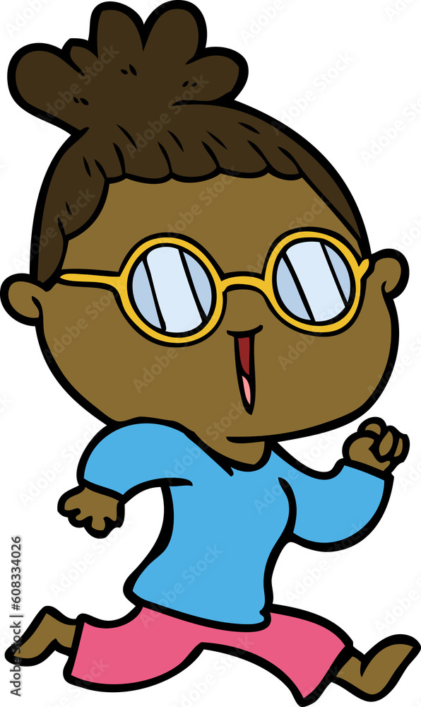 Obraz premium cartoon running woman wearing spectacles