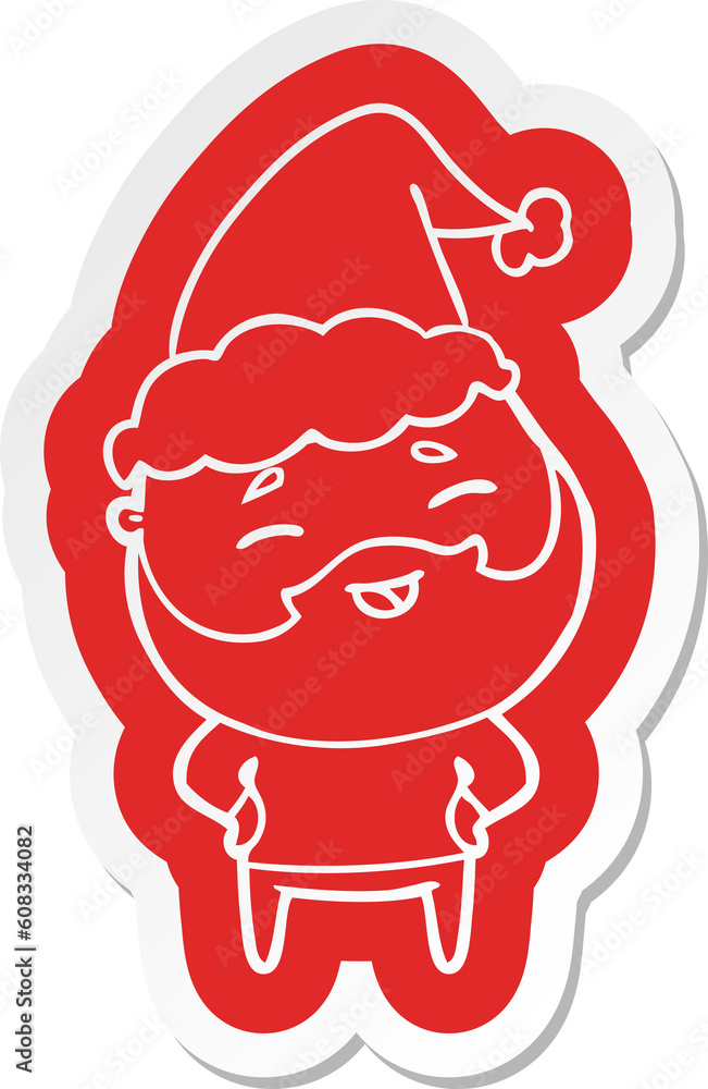 quirky cartoon sticker of a happy bearded man wearing santa hat quirky cartoon sticker of a happy bearded man wearing santa hat