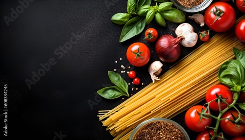 Fresh ingredients for cooking on a dark slate background