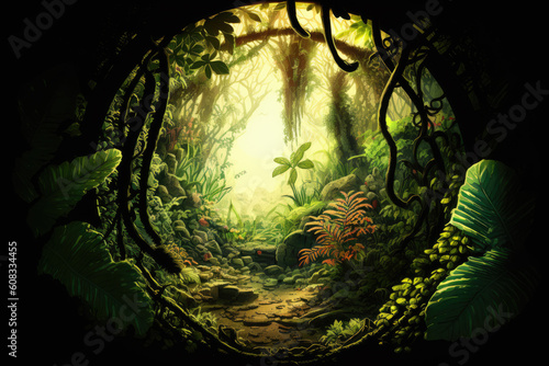 Jungle nature scene illustration with circular cutout (generative ai)