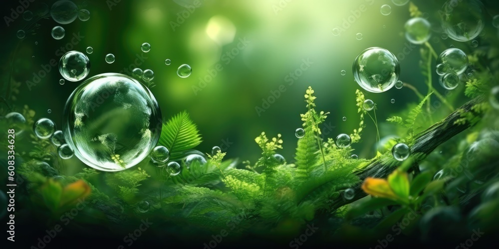 Green in forest with moss and water drop on defocused abstract sunlight, Saving environment, Environment concept, Earth Day, generative ai