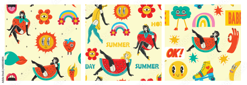Retro Pin Up Girls Seamless Patterns. Backgrounds Wallpaper with summer girls with strawberry, banana and watermelon costume and sun, floower groovie stickers Retro Pin Up Girls Seamless Patterns. Backgrounds Wallpaper with summer girls with strawberry, banana and watermelon costume and sun, floower groovie stickers