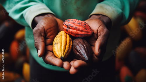 A farmer on a cocoa plantation harvests. Generative AI photo