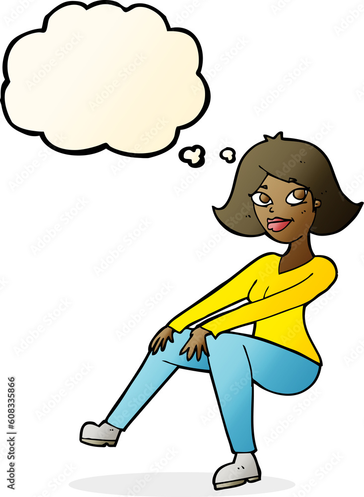 cartoon happy woman sitting with thought bubble cartoon happy woman sitting with thought bubble