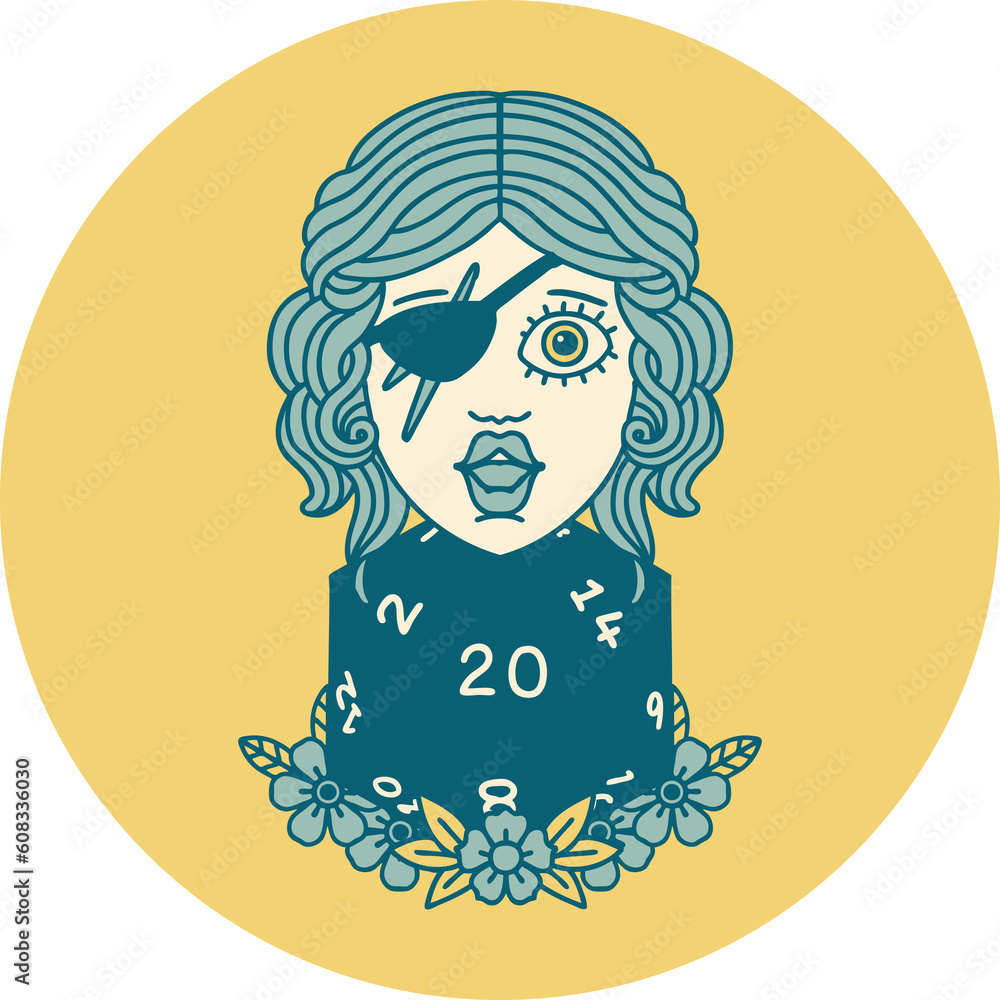 Retro Tattoo Style human rogue with natural twenty dice roll Retro Tattoo Style human rogue with natural twenty dice roll
