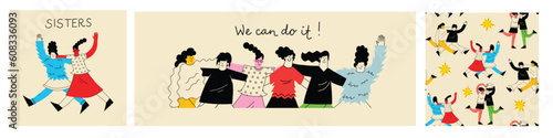 We can do it. International Womens Day. Vector illustration with women different nationalities and cultures. Struggle for freedom, independence, equality.