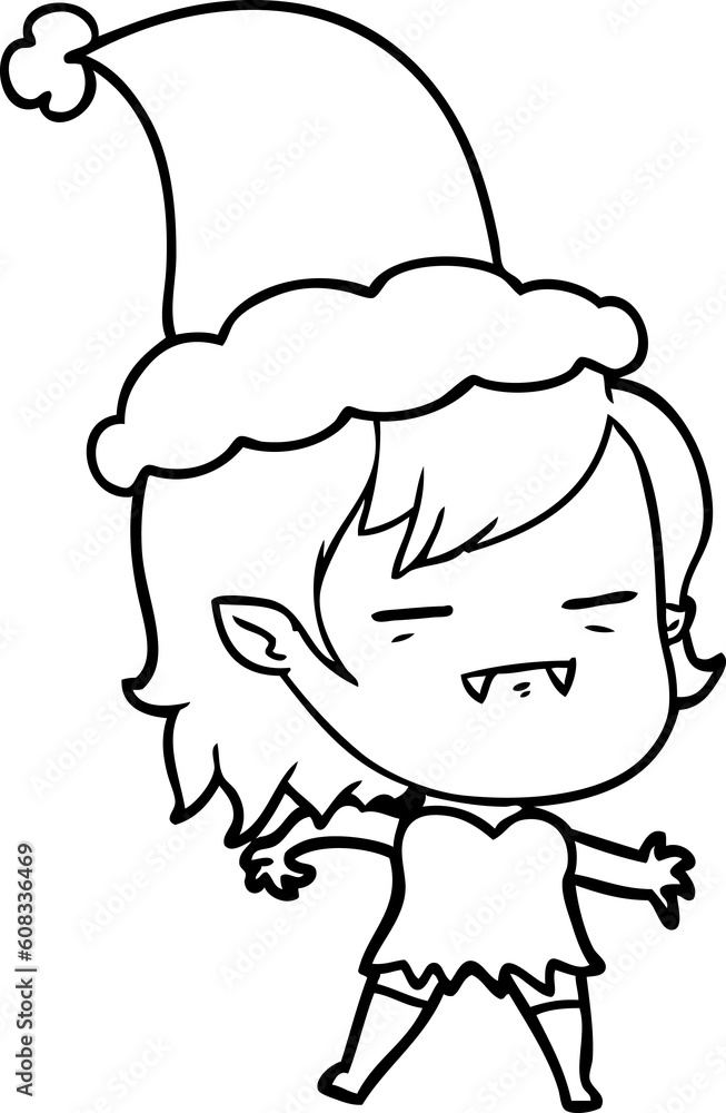 hand drawn line drawing of a undead vampire girl wearing santa hat hand drawn line drawing of a undead vampire girl wearing santa hat