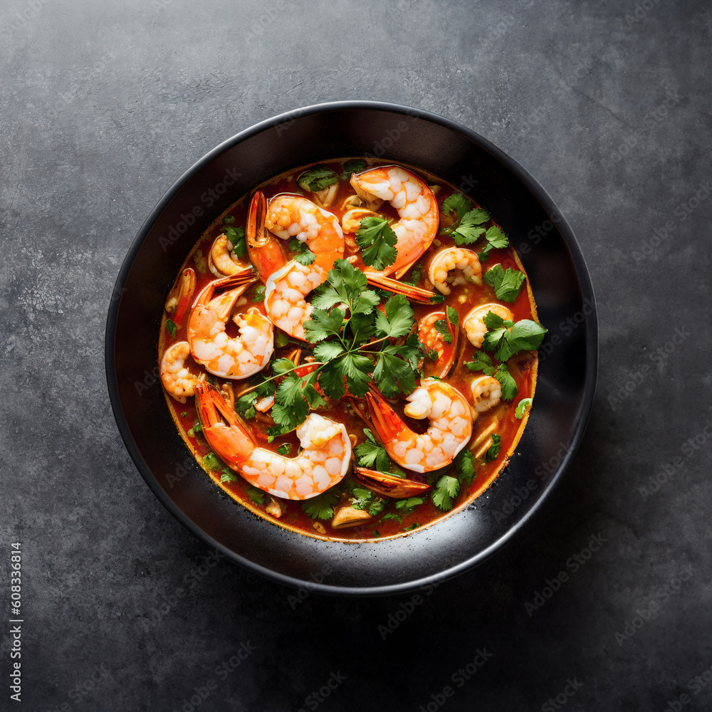 Spicy prawn soup. Tom Yum Kung in a black bowl with gray background. Top view,Stylish Food, AI Photo