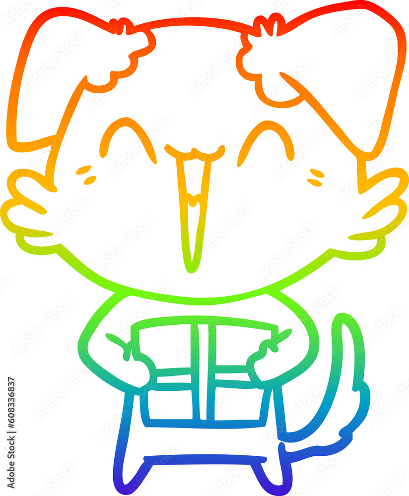 rainbow gradient line drawing of a happy little cartoon dog with present rainbow gradient line drawing of a happy little cartoon dog with present