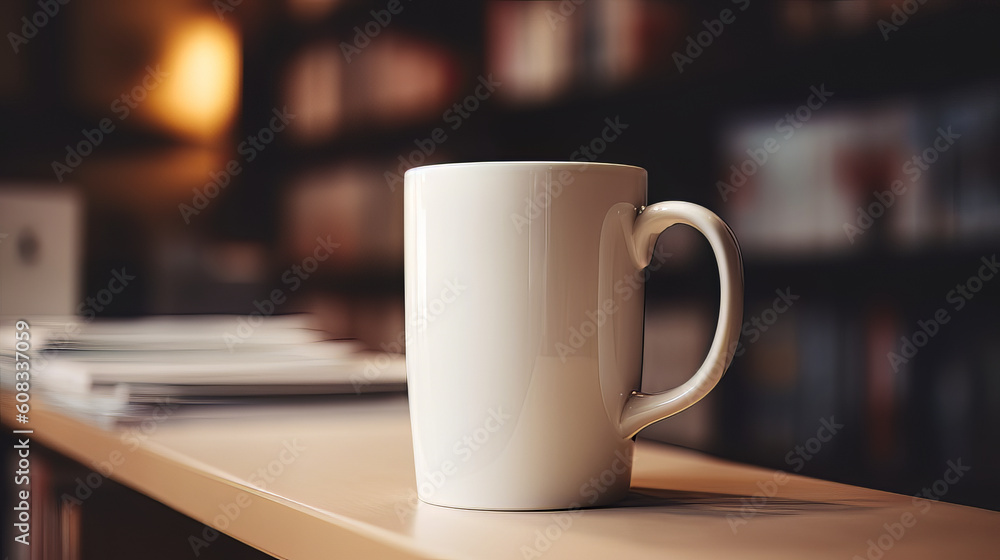 Fototapeta premium Ceramic white mug mockup with the creamy bokeh in the background, Generative AI