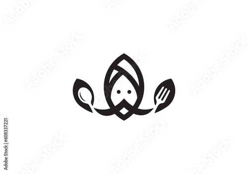 fork with spoon nature logo, turban mustache indian food symbol design