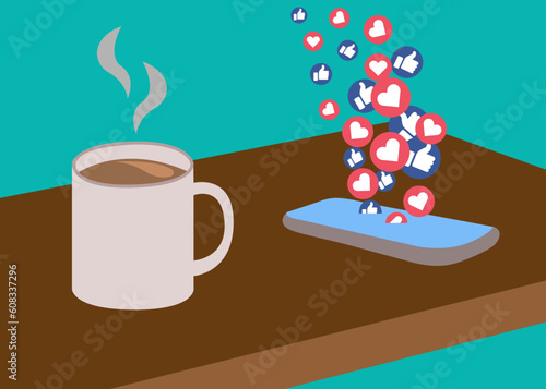 Fav icons getting out the cell phone. Cell phone in the table with a mug of hot coffee. Facebook and Instagram Like icons clipart