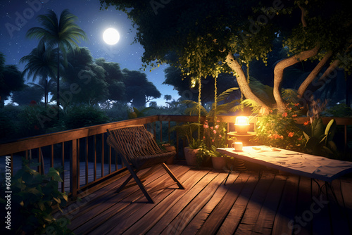 Warm moonlit summer night on terrace. Fabulous vacation. Generative AI, illustration