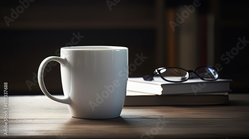 White coffee mug mockup on a wooden table with the books and eyeglasses in the background, Generative AI