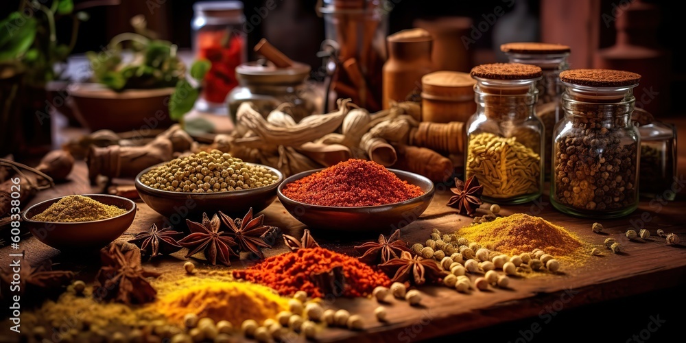 AI Generated. AI Generative. Set of different indian spices for meny food tasty. Graphic Art