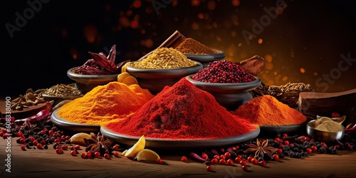 AI Generated. AI Generative. Set of different indian spices for meny food tasty. Graphic Art photo