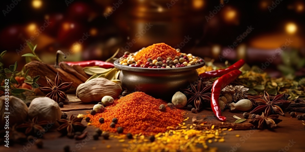 AI Generated. AI Generative. Set of different indian spices for meny food tasty. Graphic Art - obrazy, fototapety, plakaty 