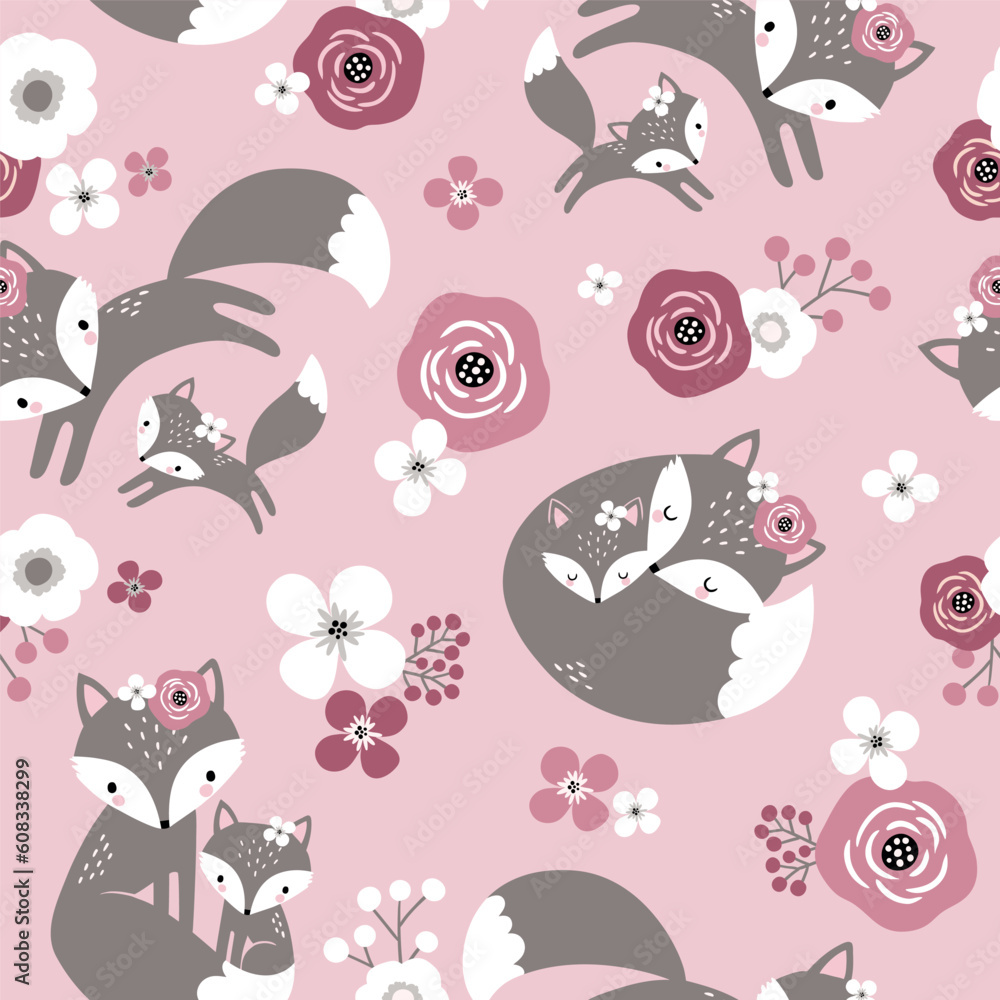 Seamless vector pattern with cute hand drawn fox family and flowers ...