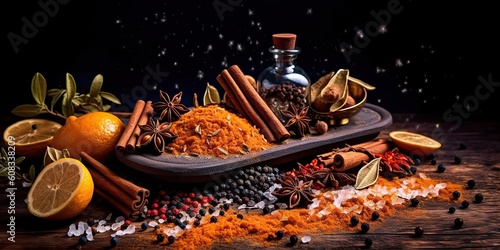 Fototapeta Naklejka Na Ścianę i Meble -  AI Generated. AI Generative. Set of different indian spices for meny food tasty. Graphic Art