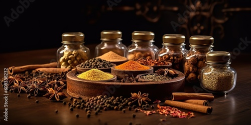 Fototapeta Naklejka Na Ścianę i Meble -  AI Generated. AI Generative. Set of different indian spices for meny food tasty. Graphic Art